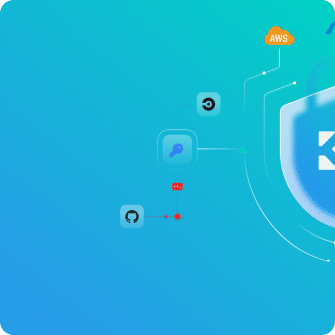 Abstract design with a gradient blue background featuring tech-related icons, including a cloud labeled AWS, network lines, and a graphical key symbol. A partial shield symbol is visible, suggesting a focus on security or infrastructure with Akeyless integration.