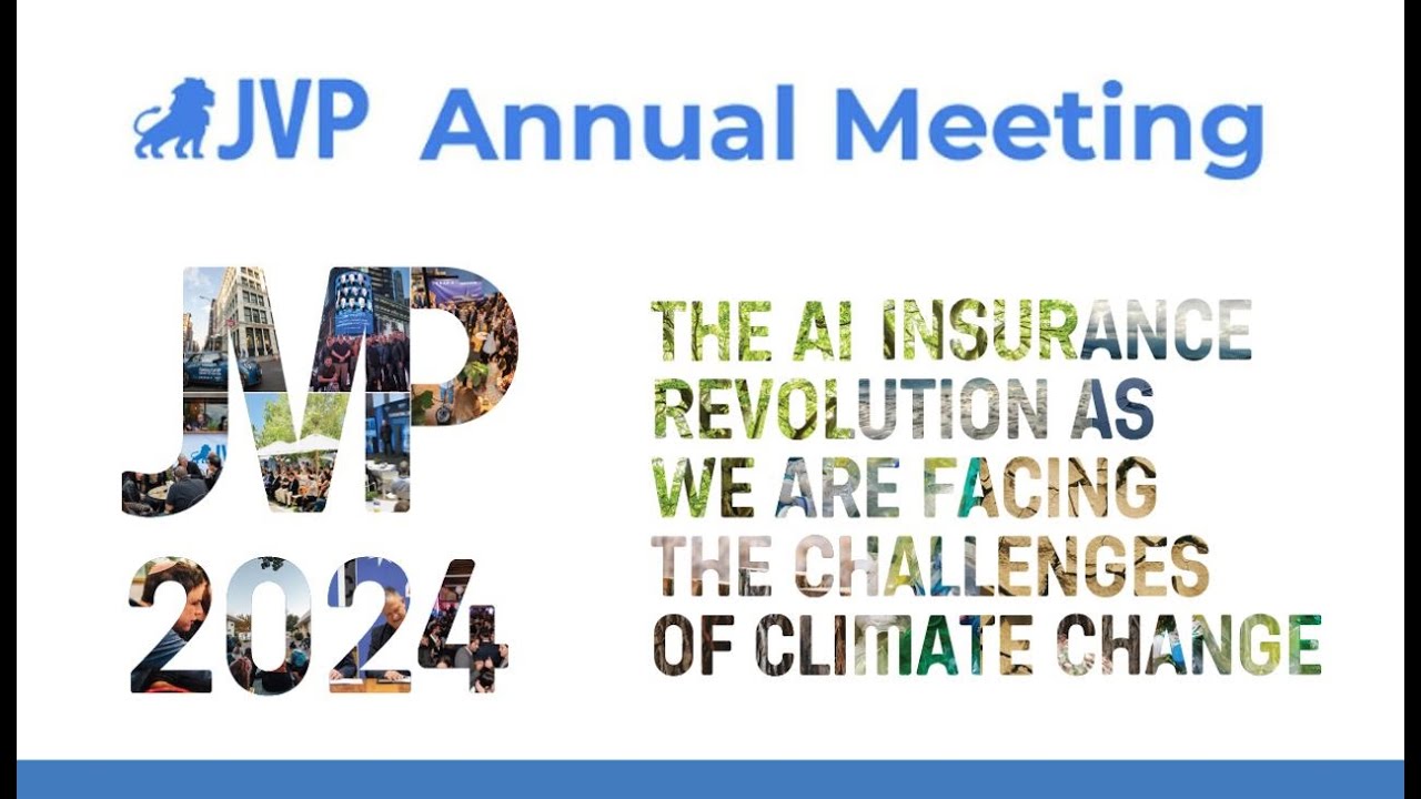 JVP Annual Meeting poster. The text reads JVP 2024 with images inside the letters and numbers. The message says, Team up for the AI insurance revolution as we address the challenges of climate change.