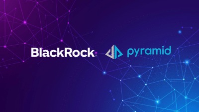 Logos of BlackRock and Pyramid Analytics on a blue and purple background, with a network pattern of connected dots and lines, symbolize innovative financing solutions unfolding.