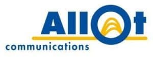 Logo of Allot Communications with stylized lettering. The O is blue with a yellow wave design inside. Allot is above a yellow line, with communications in lowercase blue letters below.