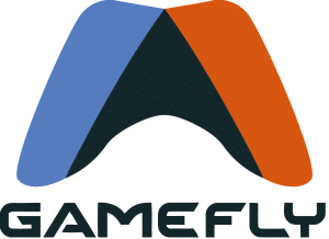 Logo featuring a stylized controller with a blue left side and orange right side, forming an arch over a black background. Below, the word GAMEFLY is in bold black font.