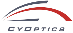 Logo of CyOptics featuring two curved lines, one blue and one red, arching above the text CyOptics in a stylized blue font.