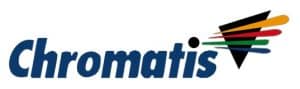 Logo with the word Chromatis in blue. To the right, theres a design of a black triangle with colorful lines (orange, red, green, blue) extending from the edge.