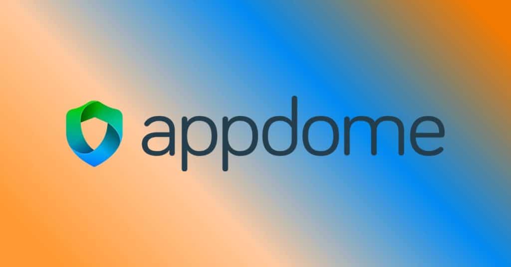 Appdome logo featuring a green and blue shield icon next to the word appdome in dark lowercase letters, set against a gradient orange and blue background—reflecting security for mobile devices against DeepSeek Attacks.