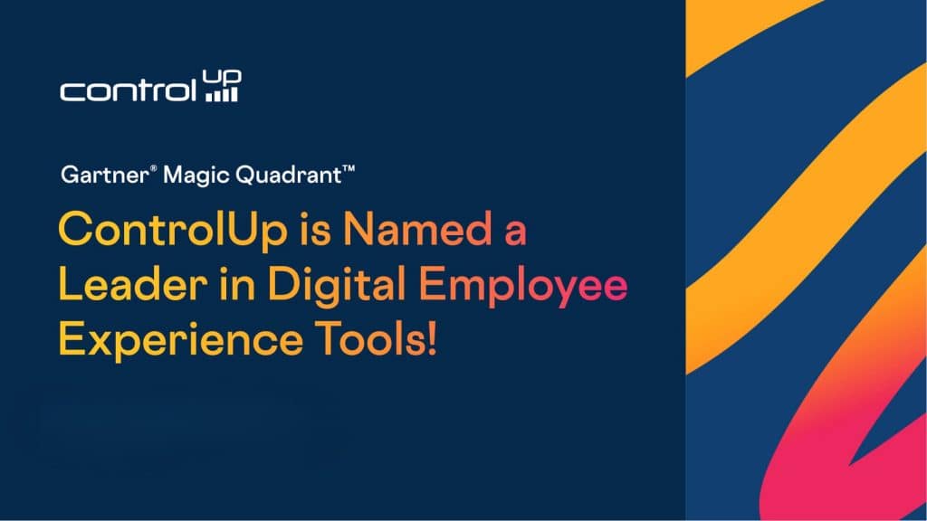 Graphic featuring the ControlUp logo and text: Gartner Magic Quadrant—ControlUp is Named a Leader in Digital Employee Experience Management Tools! Set on a blue background with yellow and orange abstract shapes.