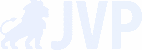 Blue lion silhouette facing left beside bold blue letters “JVP” on a transparent background.
