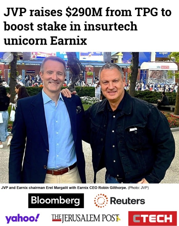 Two men stand side by side smiling outdoors in a city square. The image features headline text about JVP raising 0M for insurtech unicorn Earnix, with logos for Bloomberg, Reuters, The Jerusalem Post, and CTech below.